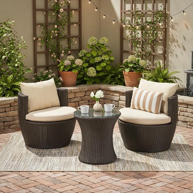 Merax Patio Furniture Set of 3, Outdoor PE Rattan Wicker Chairs with Cushion & Glass Coffee Table for Balcony Garden Front Porch, Patio Conversation Sets for 2, Sturdy Aluminum Frame, Brown+Beige