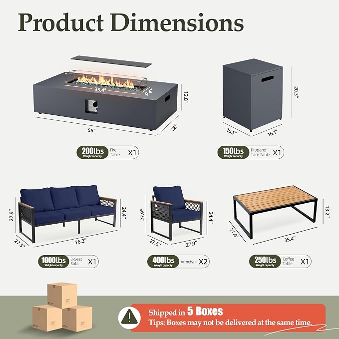 UPHA 6 Pieces Patio Furniture Set with 56" Propane Gas Fire Pit Table, Metal Outdoor Sectional Couch Set with 3-Seat Sofa, Modern Patio Conversation Set for Porch Balcony Deck, 5 Seats, Navy Blue