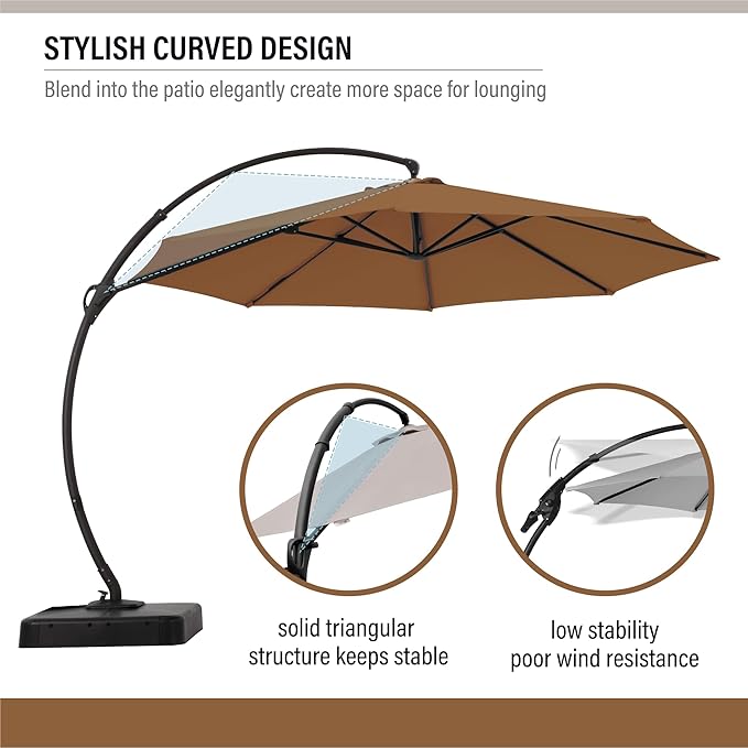LAUSAINT HOME 12FT Curvy Cantilever Patio Umbrella with Base, 360° Rotation Offset Outdoor Umbrella, Heavy Duty Hanging Umbrella for Backyard, Pool, Garden（Tan）