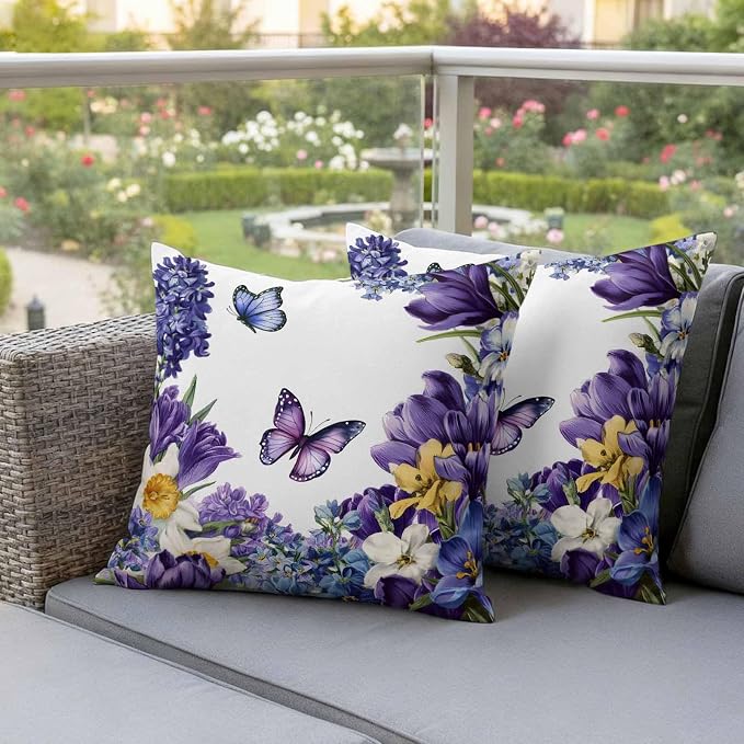 Outdoor Waterproof Pillow Covers for Patio Furniture Purple Blue Flowers Butterfly Throw Pillow Cover Watercolor Floral White Pillowcases Set of 2 Cushion Case for Sofa Couch Chair 20x20 inch