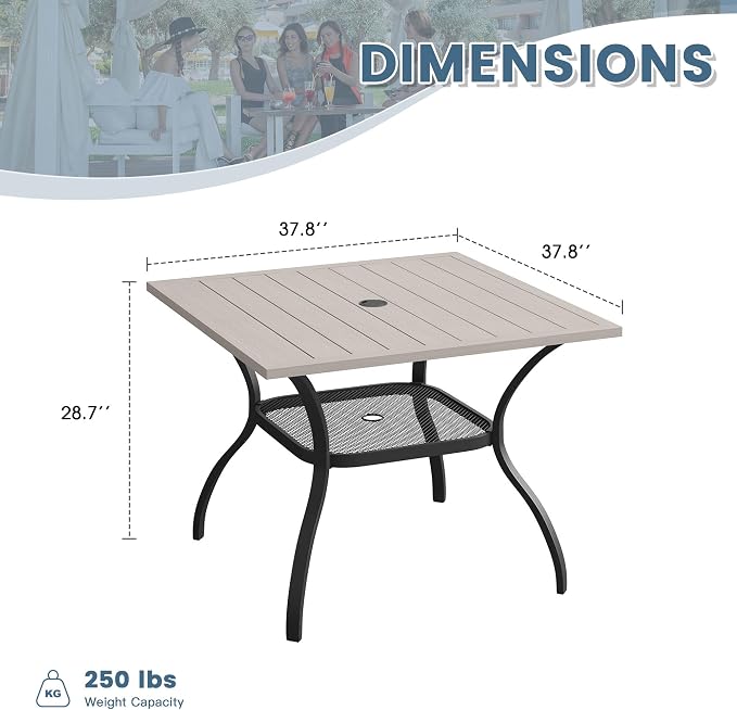 DIFY Outdoor Dining Table, Patio Square Metal Dining Table with 1.57" Umbrella Hole for 4 Person, Ideal for Poolside, Deck, Garden and Balcony, Grey Wood-Like