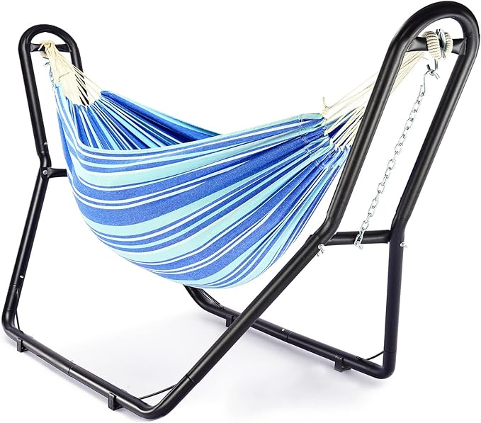 Zupapa Hammock with Stand 2 Person, Upgraded Steel Hammock Frame and Polycotton Hammock, 550LBS Capacity for Indoor Outdoor Use Blue White Stripes