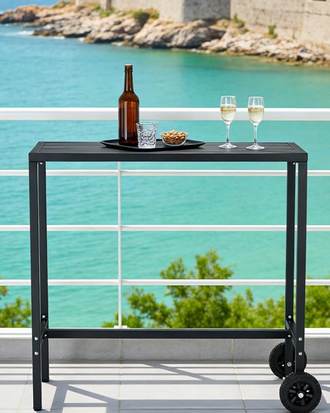 Garvee Outdoor Bar Table, 39 inch Counter Height Table with Wheels & Adjustable Leveling Feet,Bar Table for Kitchen, Home Bar, Patio, Balcony,Black