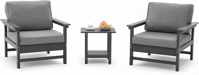 HDPE Outdoor Patio Chair Set with Cushions, 3-Piece Armchair Conversation Set with 2 Weatherproof Armchairs and Side Table, All-Weather Waterproof Deck Chairs for Garden, Porch, Balcony & Backyard