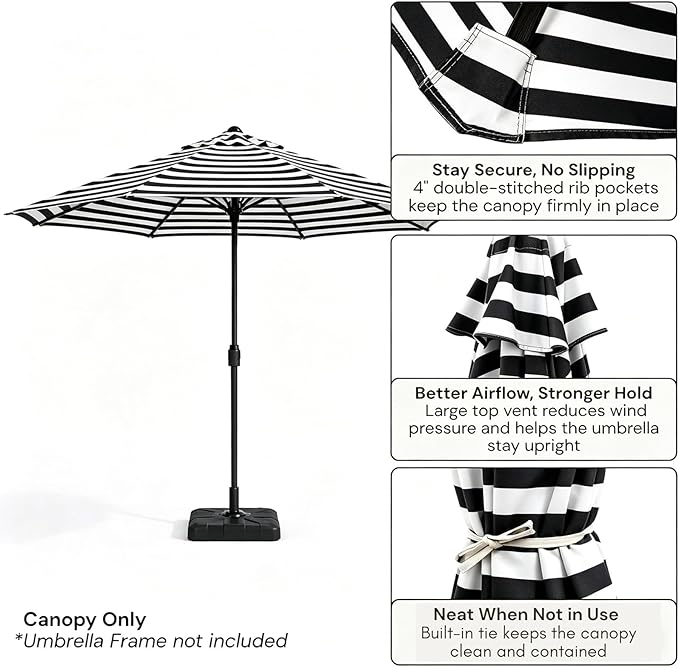 10ft Patio Umbrella Replacement Canopy 8 Ribs, Waterproof & Fade Resistant Market Umbrella Cover, Thickened Polyester Fabric for Backyard, Garden and Pool (Canopy Only) (Black and White Stripe)