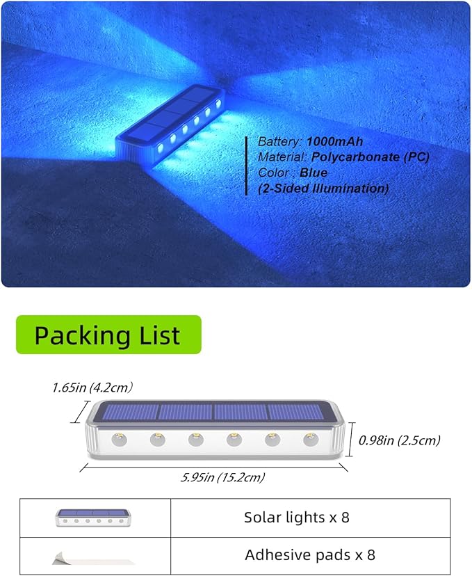 DetarZinLED Blue Solar Lights for Outside 8 Pack, 12 LEDs 2-Sided Illumination Solar Dock Lights Outdoor IP68 Waterproof, Auto On/Off Solar Deck Lights for Steps,Stairs,Driveway,Pathway,Sidewalk,Porch