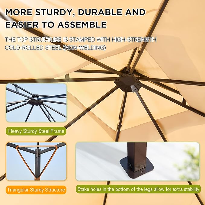 Bezseller 10x12 Outdoor Patio Gazebo with Powder-Coated Metal Frame, Stable Double-Tier Canopy with Zip Mesh Sidewalls for Backyard Dining & Entertaining, Khaki