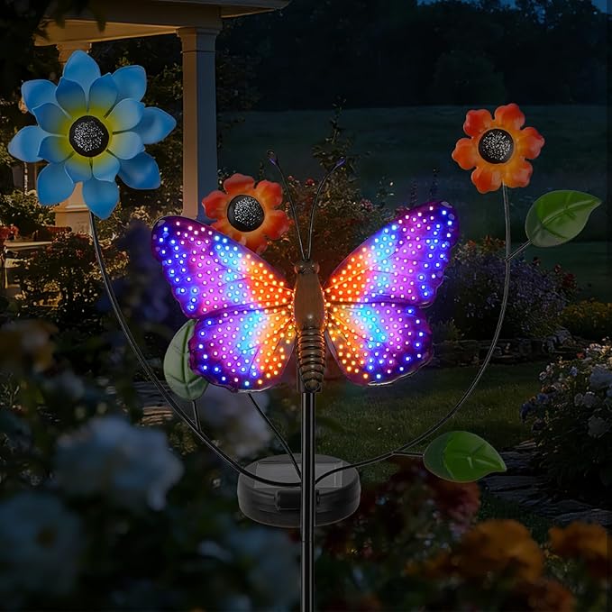 Solar Butterfly Garden Lights, 2 Lighting Modes, Colorful LED with Flower & Butterfly Decor, Waterproof Solar Stake Lights for Garden Yard Patio Lawn Pathway (Purple)