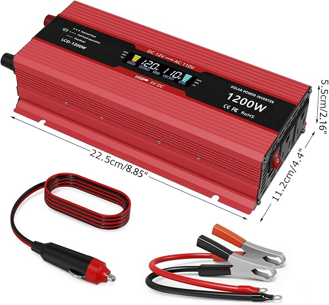 1200W Car Power Inverter DC 12V to 110V AC Converter 1200W Inverter Power Inverters with LCD Display and AC Outlets 2A USB Charging Port