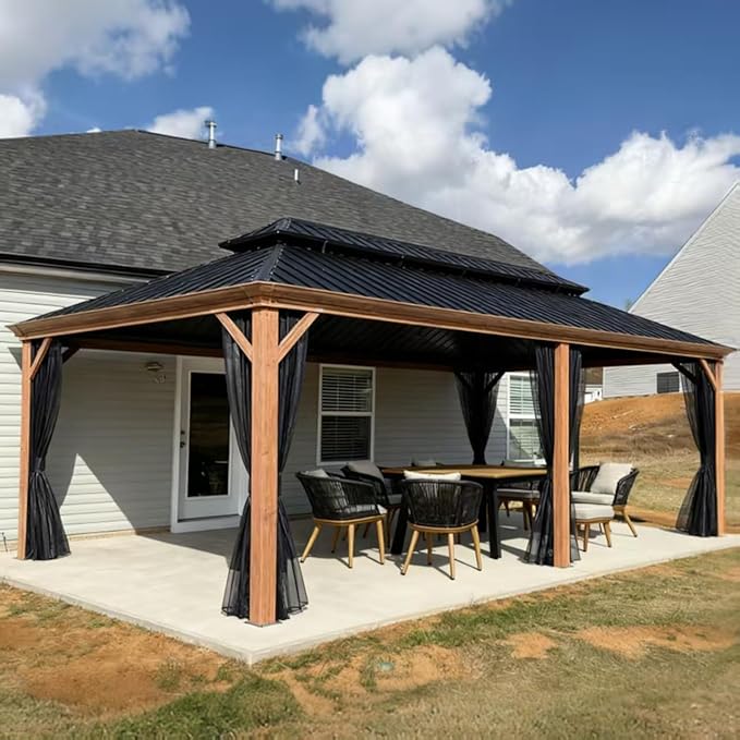 PURPLE LEAF 14' X 20' Outdoor Hardtop Gazebo for Patio Galvanized Steel Double Roof Permanent Canopy Teak Finish Coated Aluminum Frame Pavilion Gazebo with Netting