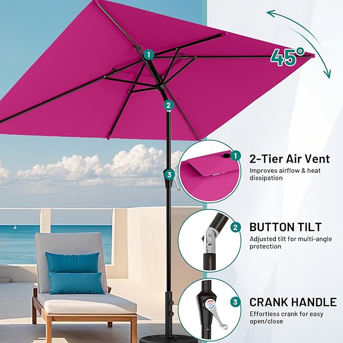 AreShark 6.5'x10' 2 Tiers Rectangular Patio Umbrella - Outdoor Umbrella Waterproof UV Protection, Market Table Umbrella w/Push Button Tilt for Pool, Lawn, Balcony(Rose Pink)