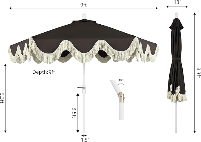 JONATHAN Y UMB1001 Collins 9 ft. Classic Cottage Tassel Market Patio Umbrella with Auto-Tilt, Crank, Wind Vent and UV Protection