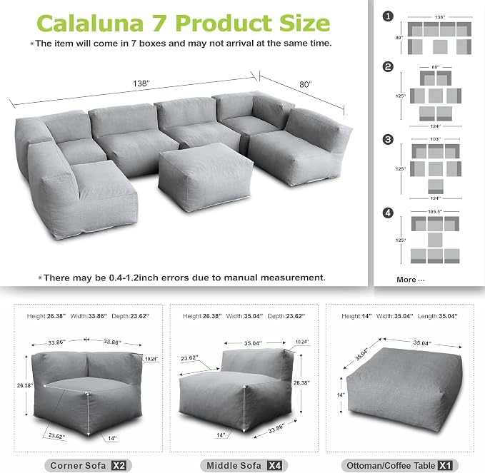 Dineli ANNYH CALALUNA 7Pc Patio Garden Furniture Sectional Conversation Set.Combines 4Middle, 2Corner, 1Ottoman Exp Foam Filled Chairs. A Unique Modular Contemporary Sofa (Dark Gray)