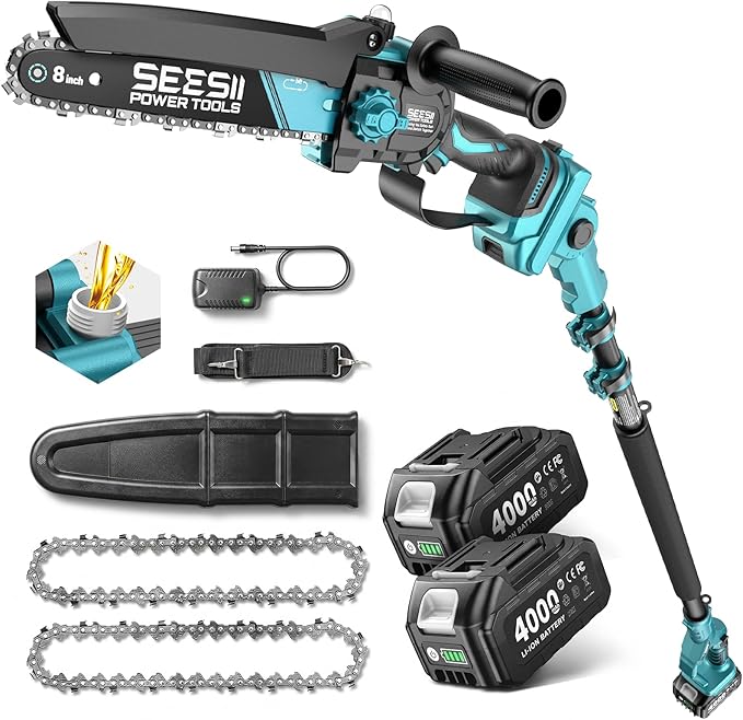 SEESII 2-in-1 Electric Pole Saws for Tree Trimming, 8 Inch Brushless Mini Chainsaw with Extension Pole, Cordless Pole Chain Saw, Tree Trimmer Limb Branch Cutter Pruner with 2 x 4.0Ah Batteries,P8 Nex