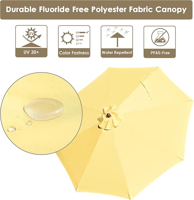 9 Ft Wooden Patio Umbrella 8 Ribs Table Parasol Rope Pulley Outdoor Garden Yard