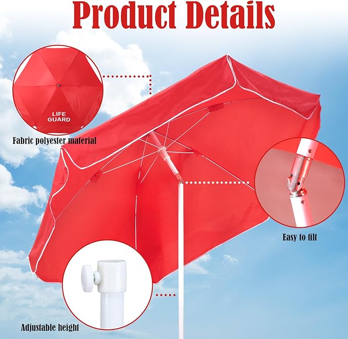 Dansydaisy Red Portable Beach Umbrella, 6.6ft Tilt Outdoor Umbrella Beach Umbrellas for Sand Sunshade with Adjustable Pole for Pool Patio, Instant Sun Protection Canopy
