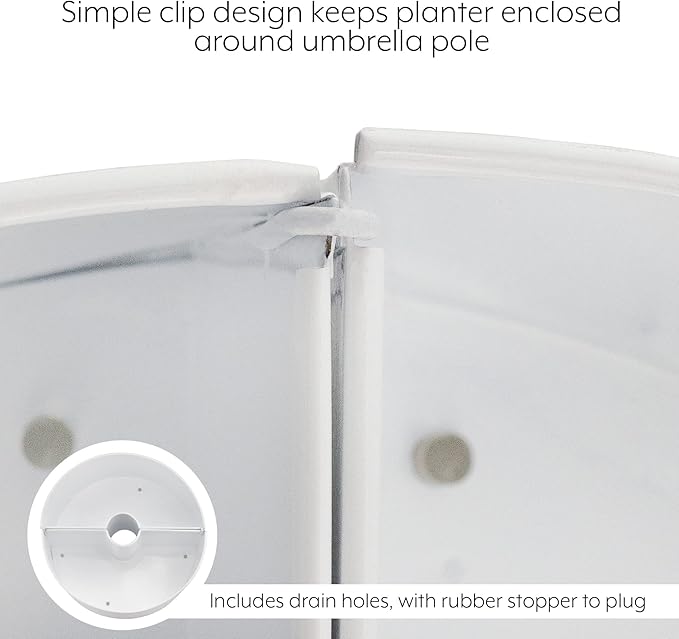 AuldHome Design Umbrella Planter for Patio Table w/Umbrella Hole (White), Enamelware Half-Circle Planter Pots