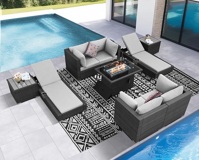 NICESOUL 9 Piece Patio Furniture Set wtih Firepit, Extra-Large Outdoor Sectional with Chaise Lounge, Comfy 29.3'' High-Back Backyard Seating, All-Weather Couch Set, Modular Sofa for Garden, Light Grey