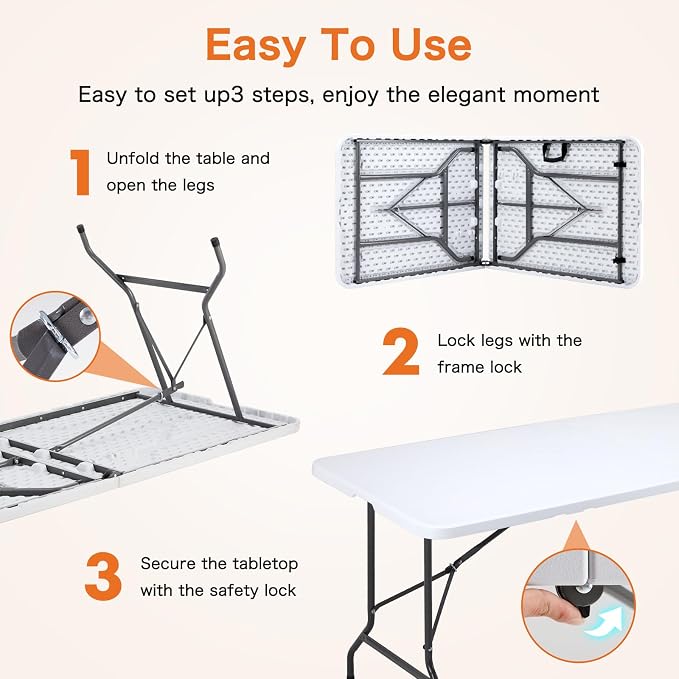 Sweetcrispy 6 FT Folding Picnic Table Easy to Fold and Store, Foldable Table for Camping Picnic Dining Party Kitchen Outdoor Indoor with Carrying Handle
