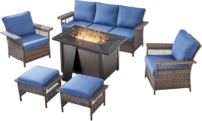Patio Furniture Set with Fire Pit Table, 6PCS Patio Conversation Set Brown Resin Wicker Patio Chair Sofa Ottoman with 43in Rectangular Iron Outdoor Fire Table PE Rattan Furniture