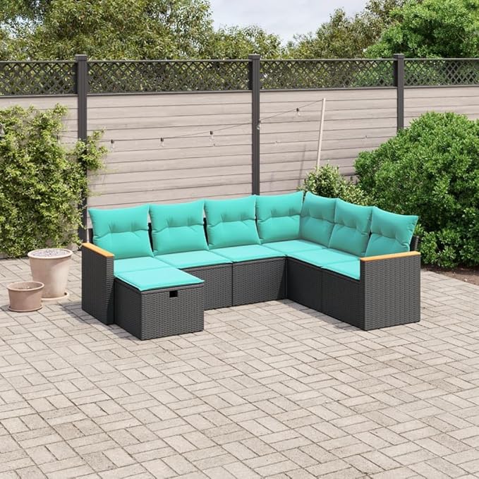 Outdoor Seating Furniture,Outdoor Conversation Sets,7 Piece Patio Sofa Set with Cushions Black Poly RattanSuitable for Patio, Garden, Gazebo Low