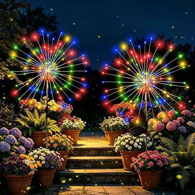 Solar Garden Lights Outdoor Decorative, 2pack 120 LED Firework Lights Waterproof，Solar Fairy Lights for Outside,Garden,Yard, Patio,Pathway,Flowerbed,Party(Multicolor)