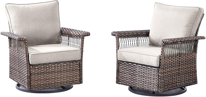 Outdoor Patio Rocking Swivel Chairs - 2PC Wicker Patio Furniture Rocker Chair Set,Rattan Glider Chair with Sturdy Frame,All-Weather PE Wicker and Cushions for Deck Porch Garden(Brown/Beige)