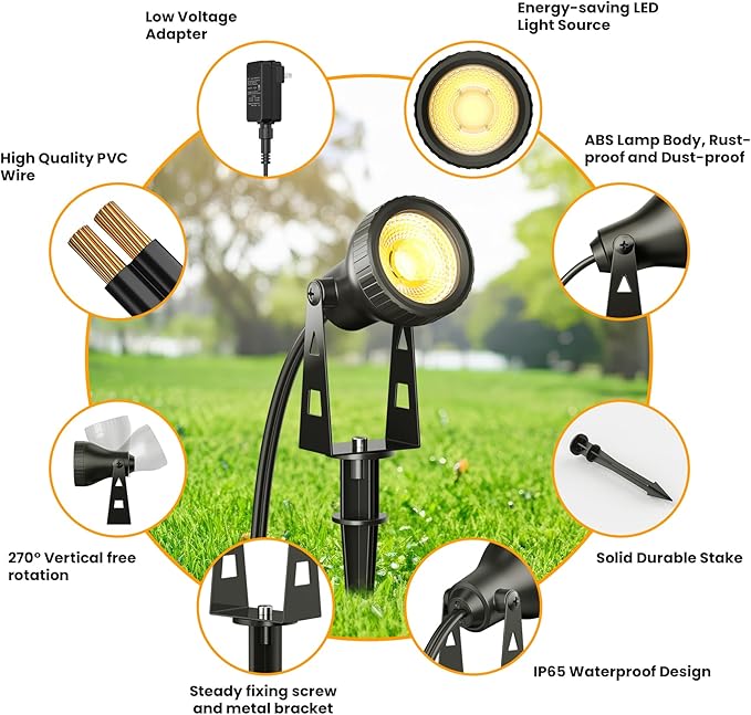 Zuske Outdoor Landscape Lighting, 10-Pack Low Voltage LED Spot Lights with Transformer, Waterproof IP65 Outdoor Landscape Lights for Garden, Yard, Backyard, Lawn, Trees, House, Flags – Warm White