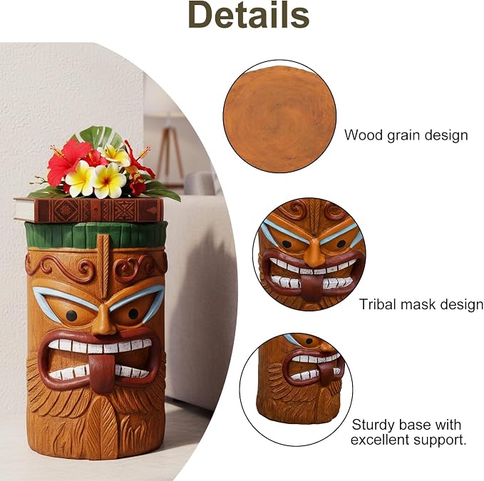 Tiki Outdoor Side Table, Fiber Reinforced Concrete Patio End Table, 20 Inch Decorative Garden Statue Stool with Wood Grain and Tribal Mask Design for Patio, Poolside, Garden, Porch