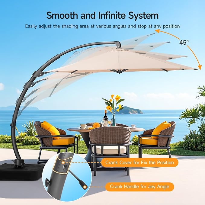 11 FT Outdoor Patio Umbrella with Base, Aluminium Curved Cantilever Umbrella, Large Round Hanging Offset Umbrella with Unlimited Position Adjustment and 360°Rotation for Market Garden Pool, Champagne
