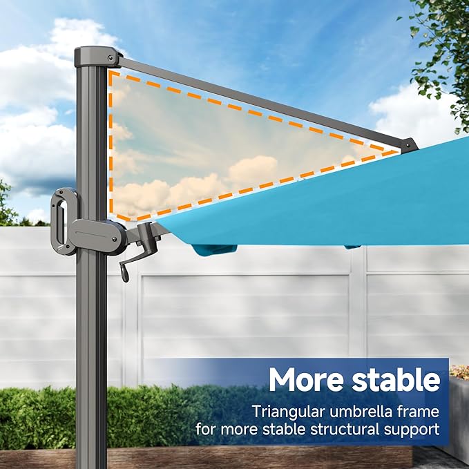 FLAME&SHADE 11ft Cantilever Patio Umbrella with Base, Round Offset Umbrella with Solar Light Strips, Large Heavy Duty Outdoor Aluminum 360° Rotation,for Deck,Pool,Backyard
