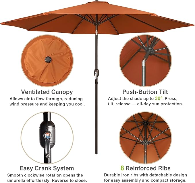 Blissun 10FT Outdoor Patio Umbrella, Outdoor Table Umbrella, Yard Umbrella, Market Umbrella with 8 Sturdy Ribs, Push Button Tilt and Crank
