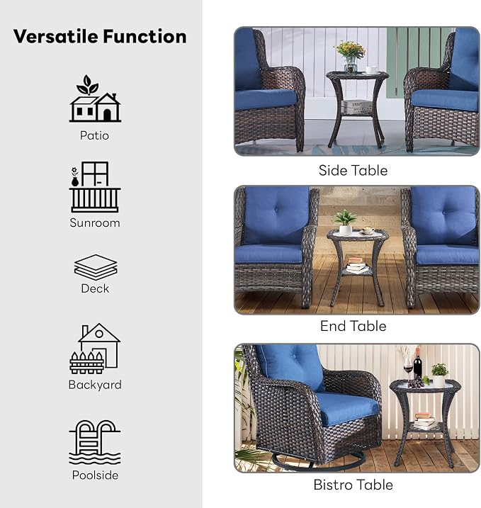 Belord Small Outdoor Side Table - Tempered Glass Wicker Table, Waterproof Patio Coffee Table Rattan End Table with Storage, Brown