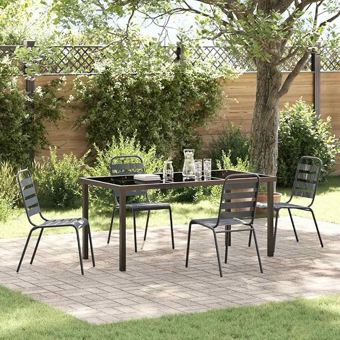 5 Piece Garden Dining Set, Anthracite Powder-Coated Steel Patio Furniture Table and 4 Chairs for Outdoor Backyard Deck Seating