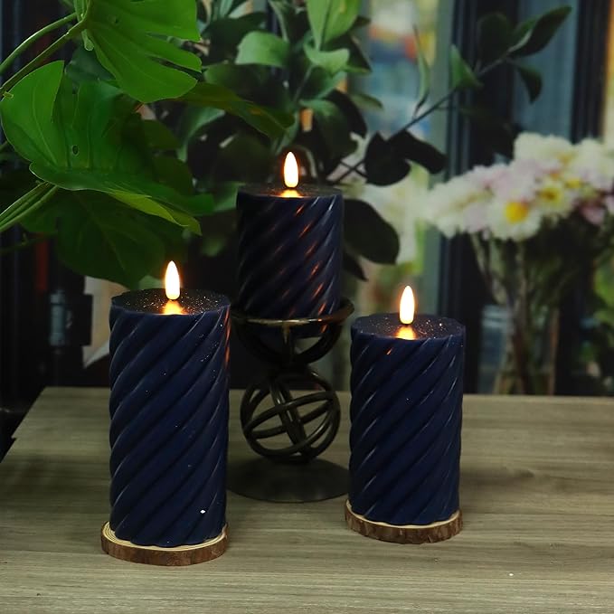 Battery Operated Flameless LED Candles with Remote Timer Real Wax Pillar Candles Electric Flickering decorative Navy Blue Wax Candles for Home Wedding Party Centerpiece Xmas Decor 3 PCS 3”X 4”, 5”, 6”