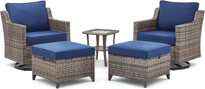 5 Pieces Outdoor Patio Furniture Set-All-Weather Wicker Patio Swivel Glider Chairs with 2 Ottoman and Glass Side Table, Patio Conversation Sets for Porch Balcony Deck - Blue/Grey