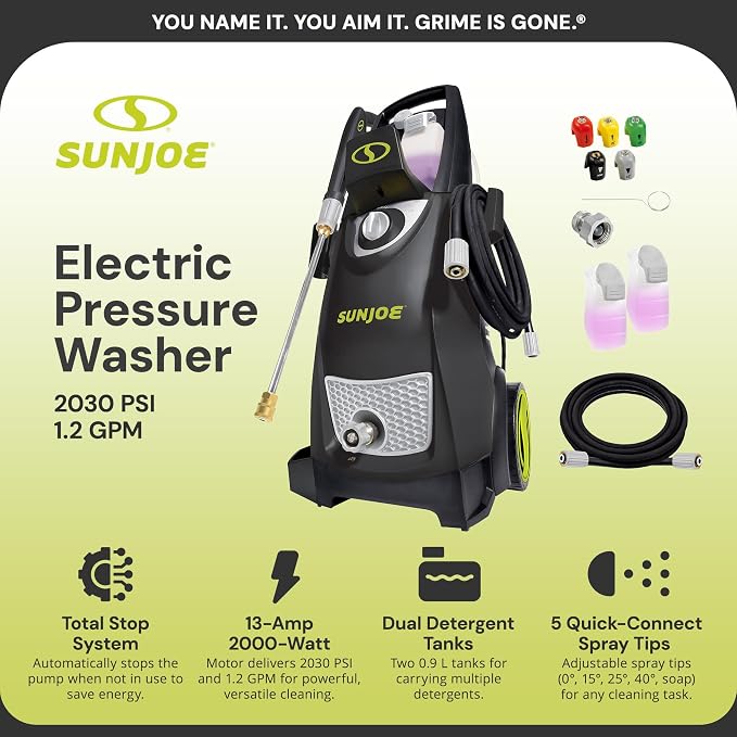 Sun Joe SPX3000-TPS + SPX3000 Electric Pressure Washer Quick-Connect Spray 5-Tip Set and Sun Joe Electric Pressure Washer, Portable Power Washer with Wheels