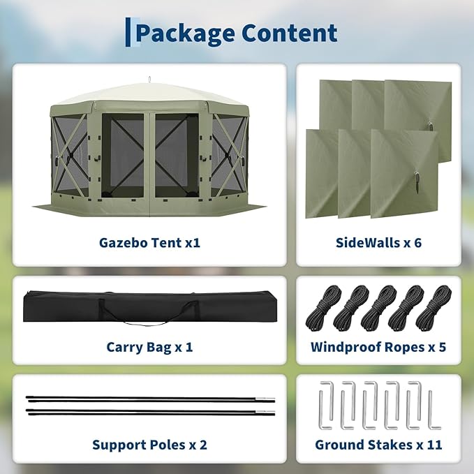GarveeLife 11.5x11.5FT 6-Sided Pop Up Gazebo Tent，One-Push Setup Canopy Tent with Mesh Panels & Removable Wind Cloths, Outdoor shelter for Camping, Backyard Parties, Outdoor Events - Army Green