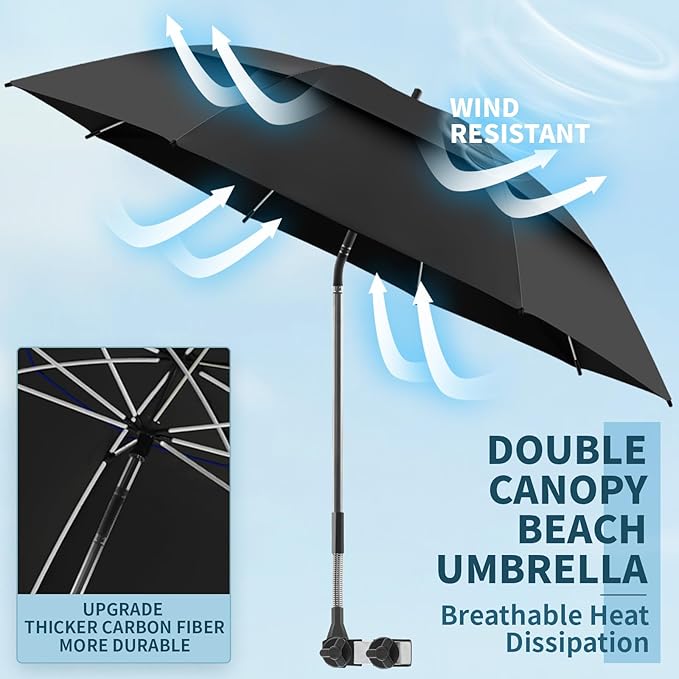 48.6" Double Canopy Beach Umbrella with Clamp, UPF50+ Beach Chair Umbrella with clip, 360°Adjustable Portable Outdoor Wheelchair, Patio, Golf Carts,Camping(Black)