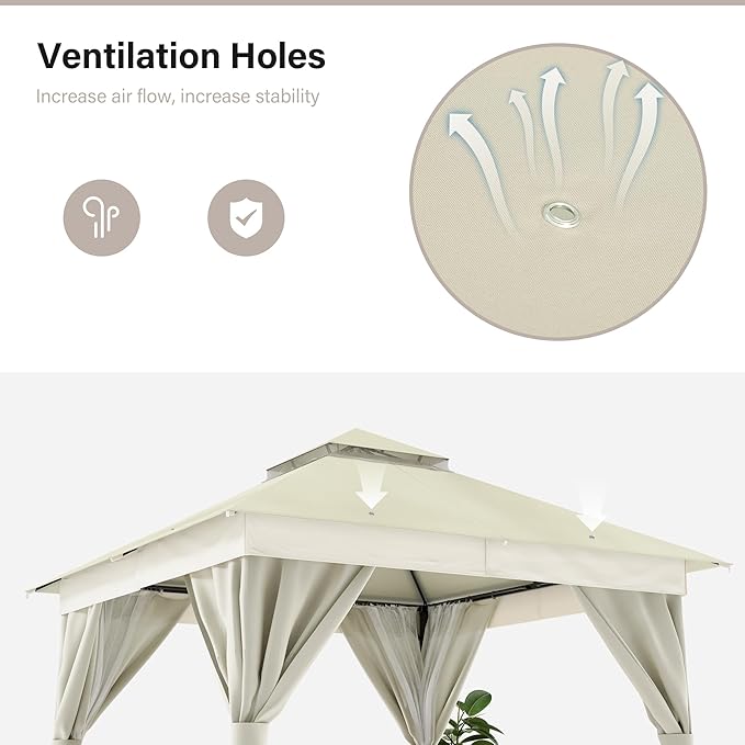 LAUSAINT HOME 10'x10' Outdoor Gazebo, Metal Frame Heavy Duty Patio Canopy Tent Shelter with Double Roofs, Mosquito Nettings and Privacy Screens for Backyard, Garden, Lawn, Cream White
