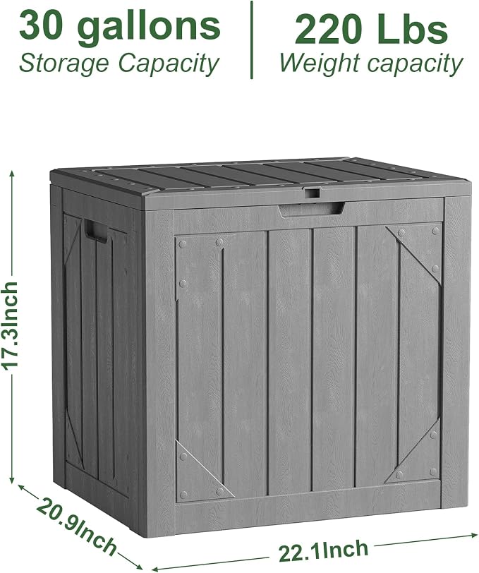 30 Gallon Outdoor Storage Box, Waterproof Resin Deck Box with Lockable Lid Large Storage Bin for Patio Furniture Cushion, Garden Tools, Pool Accessories, UV-Resistant Outside Delivery, Gray