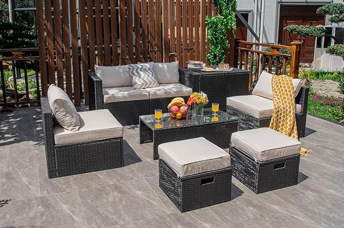 Tangkula 8 Pieces Patio Furniture Set with Waterproof Cover, Patiojoy Space Saving Outdoor PE Rattan Set with Storage Box, Tempered Glass Table, 2 Ottomans, 2 Armless Sofas & Corner Sofas