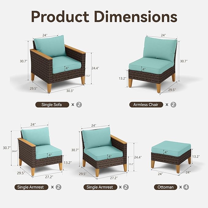 GREEN PARTY 12 Pieces Wicker Patio Furniture Set, All-Weather Outdoor Rattan Patio Sectional Sofa Conversation Set with 4" Thick Cushions for Garden, Backyard, 2 x Ottomans (Blue)
