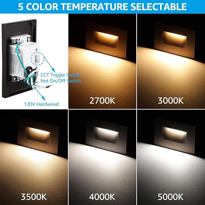 LEONLITE 5CCT 120V LED Step Lights, 3.5W 150LM 5%-100% Dimmable Horizontal Stair Lights Indoor Outdoor Wet Location, CRI90+ & ETL, 2700K/3000K/3500K/4000K/5000K, Aluminum, Oil Rubbed Bronze, Pack of 6