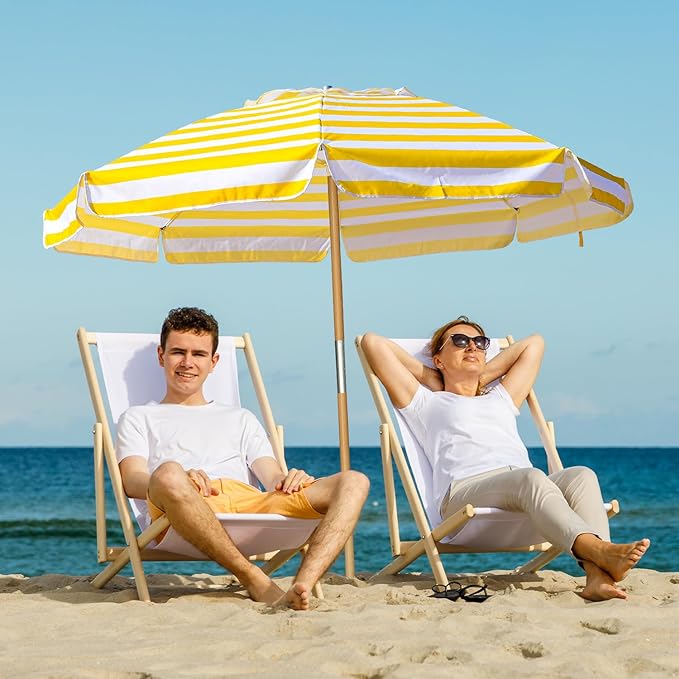 AMMSUN 7.5ft Heavy Duty HIGH Wind Beach Umbrella Commercial Grade Patio Beach Umbrella with Air Vent Ash Wood Pole & Carry Bag UPF 50+ Protection Yellow and white stripe
