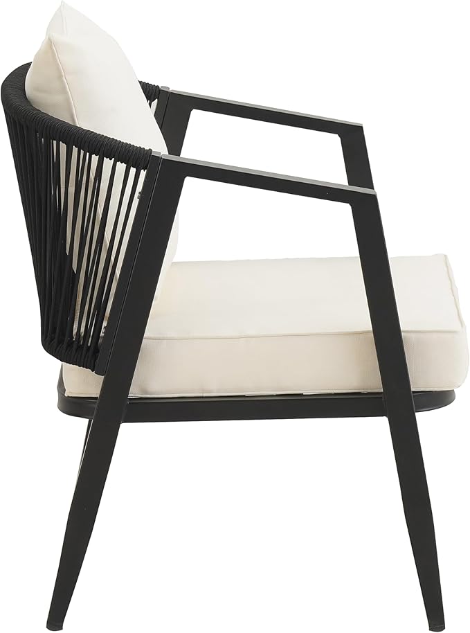 GDFStudio Aoxwe 4 Piece Outdoor Conversation Set, Rope Woven Club Chairs, Woven Open Back Loveseat, Slats Panel Design Coffee Table, Iron Frame Sectional Conversation Set for Poolside, Beige