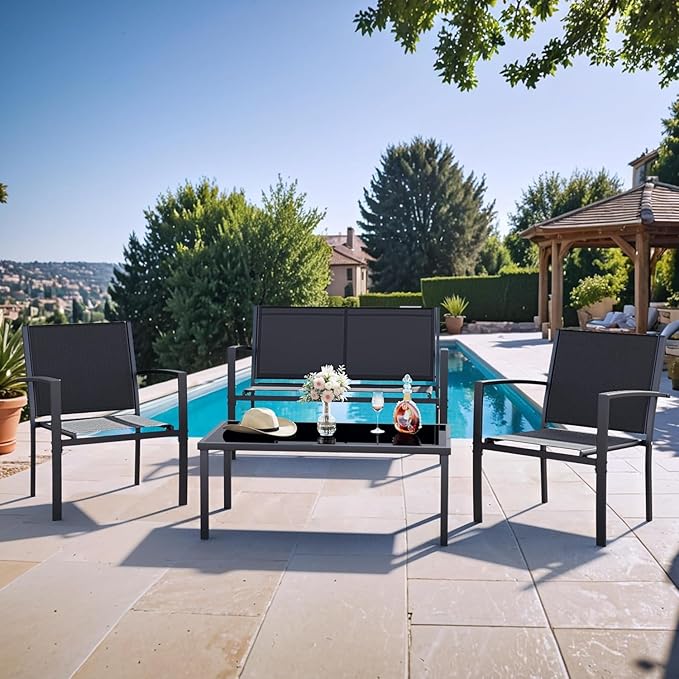 Tuoze 4 Pieces Patio Furniture Set Outdoor Conversation Set with Glass Coffee Table Bistro Set with Loveseat Garden Yard Lawn and Balcony (Black)