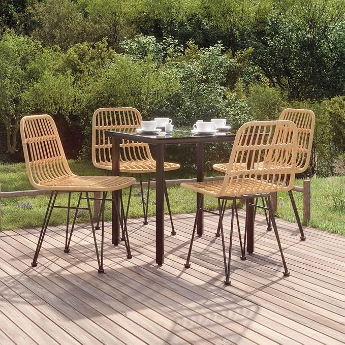 5 Piece Patio Dining Set with Poly Rattan Chairs and Tempered Glass Table, Modern Garden Furniture for Outdoor Backyard Balcony
