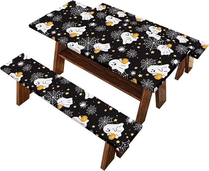 Ghost Table Cover with Bench Covers Washable Rectangle Table Cover Outdoor Patio Camping Essentials Halloween Picnic Table and Chair Decorative Cover