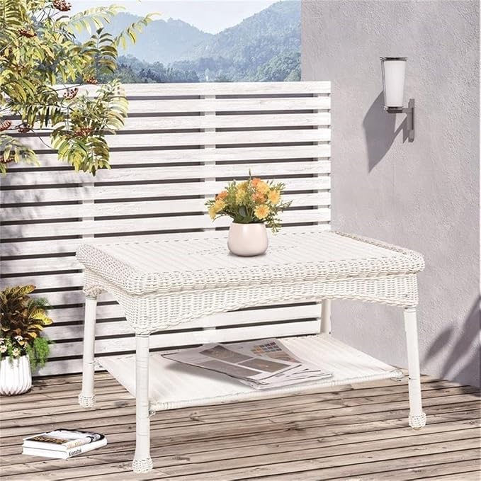 Pemberly Row Wicker Patio Coffee Table, 30" W x 18" D x 17" H, All-Weather Resin Surface, UV-Resistant, White Finish, Steel Frame, Lower Shelf, Durable Outdoor Table for Patio or Garden Use